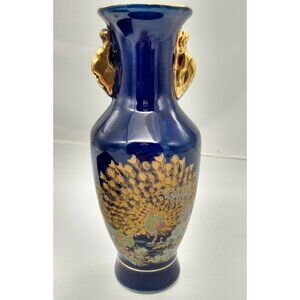 Gryphonware Blue Cobalt Gold Gilded Two Handled Vase with Peacock 6.75"